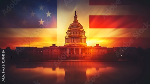 Flag of Unity (close up, focus on, copy space), with rich color saturation, Double exposure silhouette with Capitol building