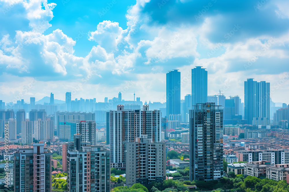 Skyscrapers Viewed from Below with Blue Sky and White Clouds Skyscrapers Viewed from Below with Blue Sky and White Clouds