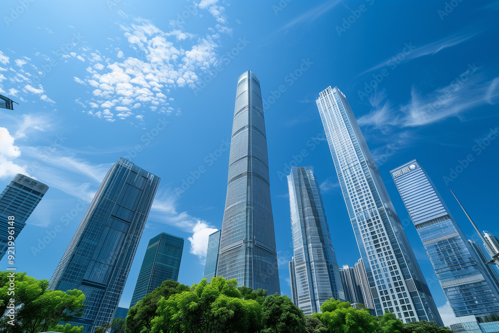 Skyscrapers Viewed from Below with Blue Sky and White Clouds Skyscrapers Viewed from Below with Blue Sky and White Clouds