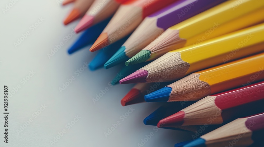 Bright colored pencils on paper, viewed from above. The background paper is empty, copy space for text