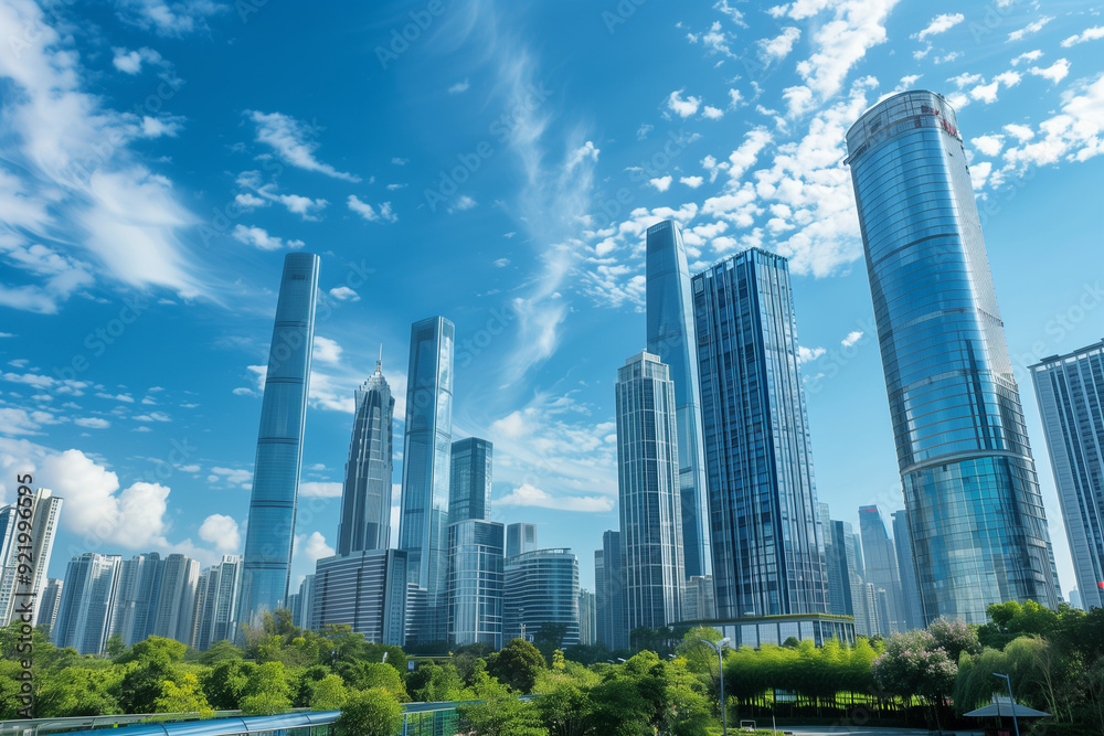 Skyscrapers Viewed from Below with Blue Sky and White Clouds Skyscrapers Viewed from Below with Blue Sky and White Clouds
