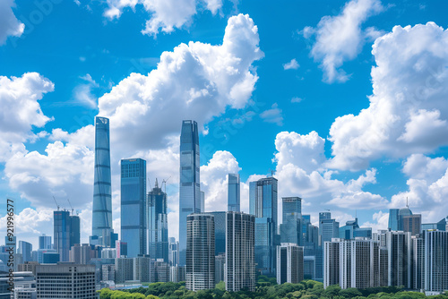 Skyscrapers Viewed from Below with Blue Sky and White Clouds