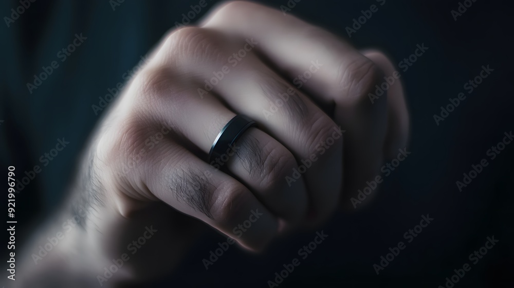 Male hand wearing a sleek black smart ring in a dark setting. Male hand wearing a sleek black smart ring in a dark setting.