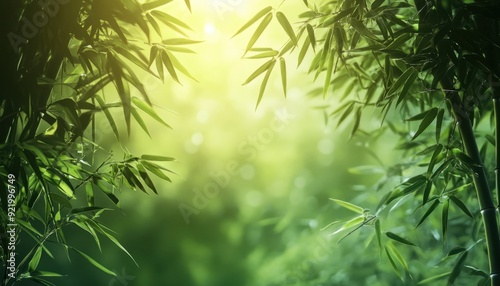 Soft sunlight filtering through bamboo leaves in a lush, green forest at dawn