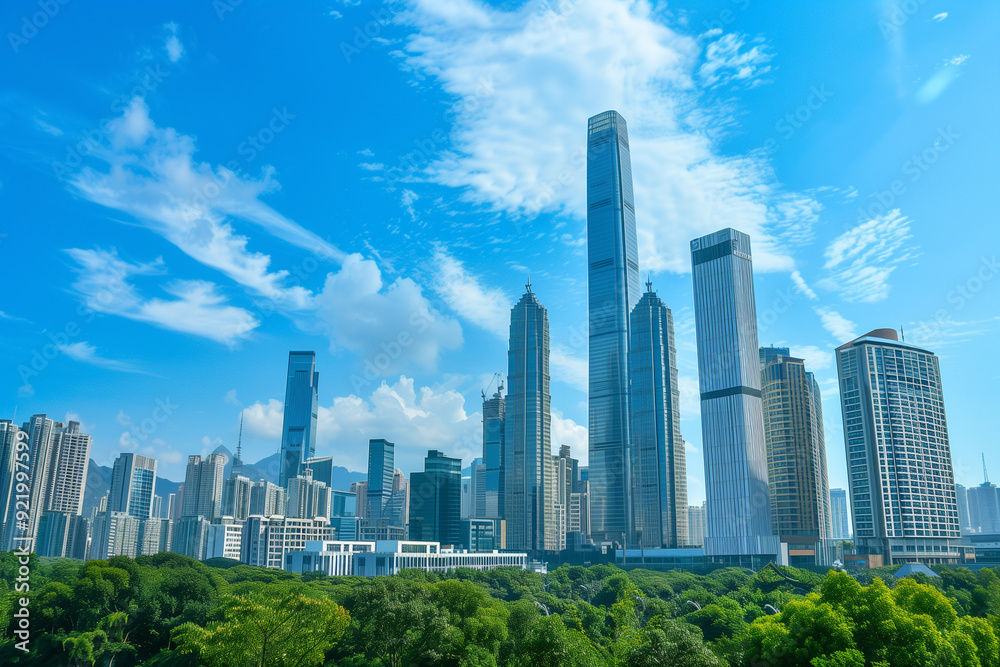 Skyscrapers Viewed from Below with Blue Sky and White Clouds Skyscrapers Viewed from Below with Blue Sky and White Clouds