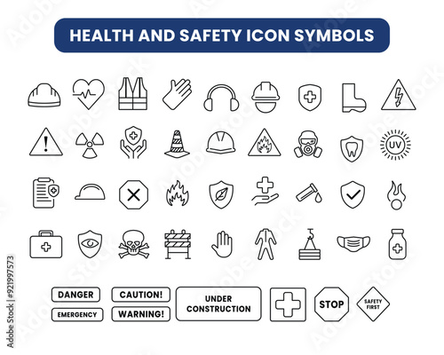 Health safety symbols. Health shield protection outline icon collection