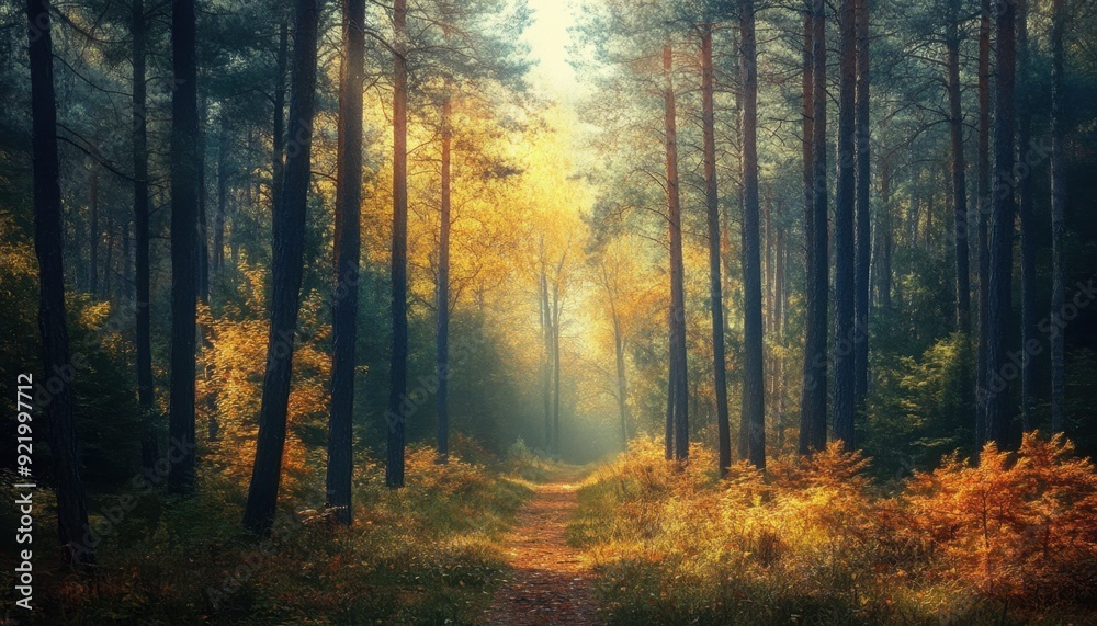 Autumn forest trail illuminated by morning light in a serene woodland setting Autumn forest trail illuminated by morning light in a serene woodland setting