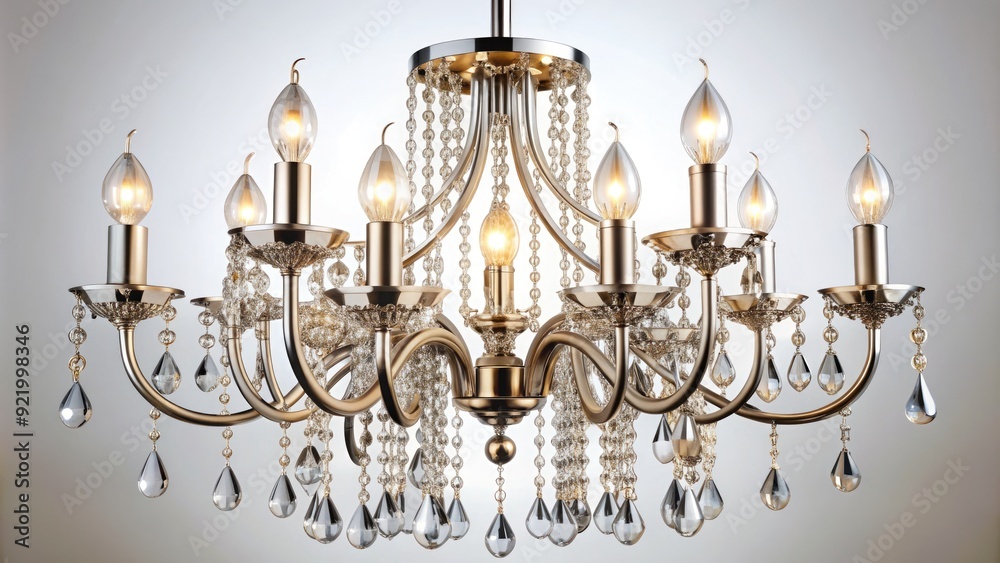 A luxurious, modern chandelier with intricate metalwork and crystals hangs elegantly in mid-air, showcasing its sleek design and sophistication against a pure white background. A luxurious, modern chandelier with intricate metalwork and crystals hangs elegantly in mid-air, showcasing its sleek design and sophistication against a pure white background.