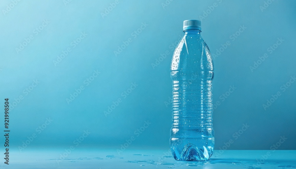 Clear plastic water bottle with condensation on a blue background Clear plastic water bottle with condensation on a blue background