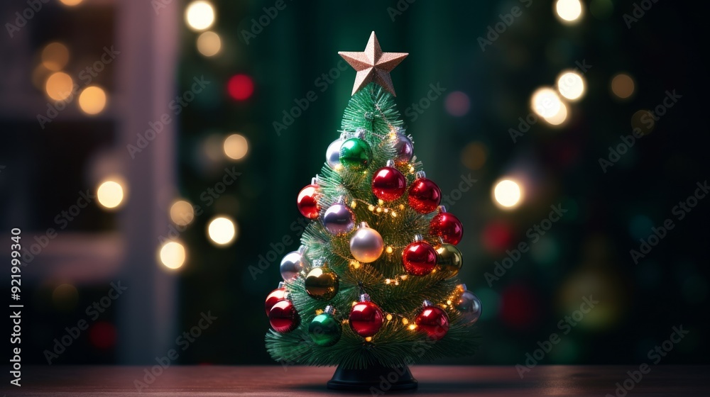 Decorated fir tree with garlands and balls in dark green interior. Neural network ai generated art Decorated fir tree with garlands and balls in dark green interior. Neural network ai generated art