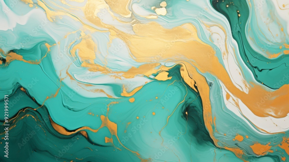 Abstract fluid art with teal, white, and gold swirls creating a modern aesthetic. Abstract fluid art with teal, white, and gold swirls creating a modern aesthetic.