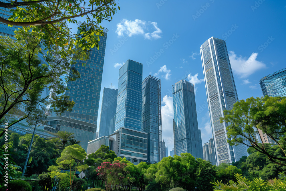 Skyscrapers Viewed from Below with Blue Sky and White Clouds Skyscrapers Viewed from Below with Blue Sky and White Clouds