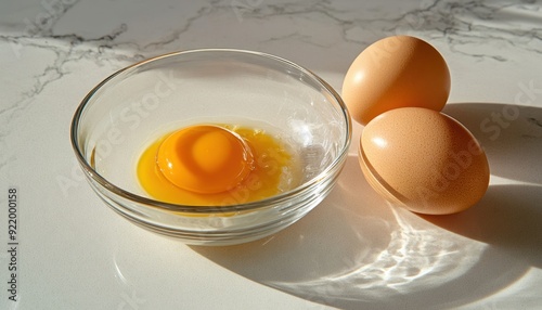 Freshly cracked egg in a bowl with two uncracked eggs on marble countertop photo