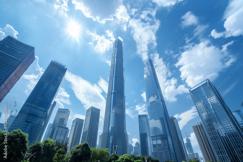 Skyscrapers Viewed from Below with Blue Sky and White Clouds Skyscrapers Viewed from Below with Blue Sky and White Clouds