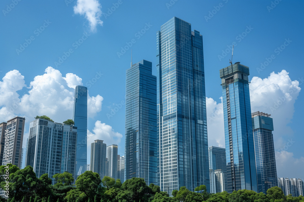 Skyscrapers Viewed from Below with Blue Sky and White Clouds Skyscrapers Viewed from Below with Blue Sky and White Clouds