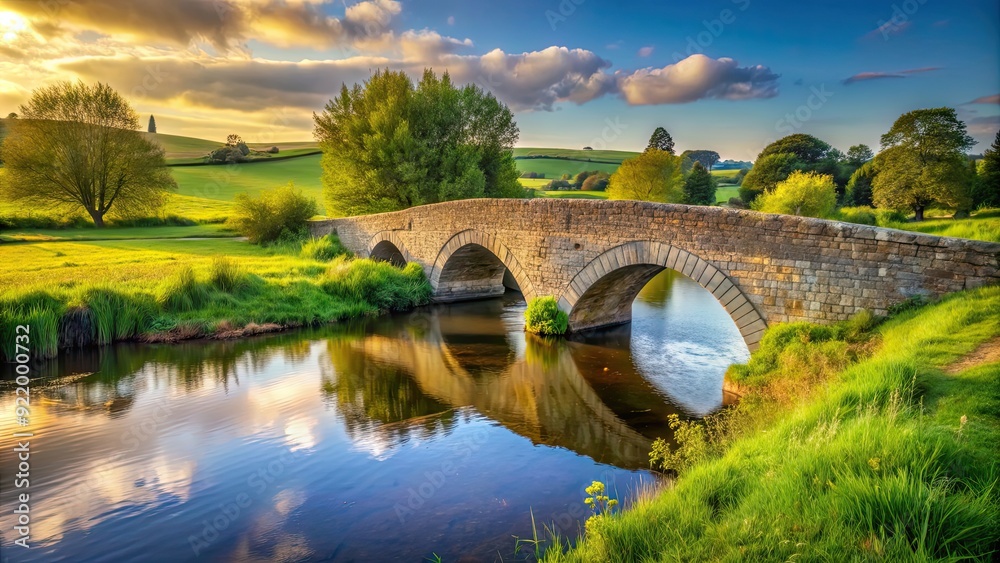 Fototapeta premium Stone bridge surrounded by rural landscape, overlooking a serene river , serenity, stone bridge, rural, moody, tranquil