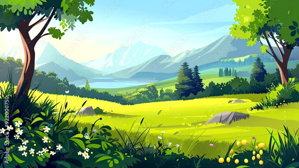 Serene forest clearing with distant mountain view in vibrant animated style. Nature retreat concept. Seamless looping time-lapse video background.