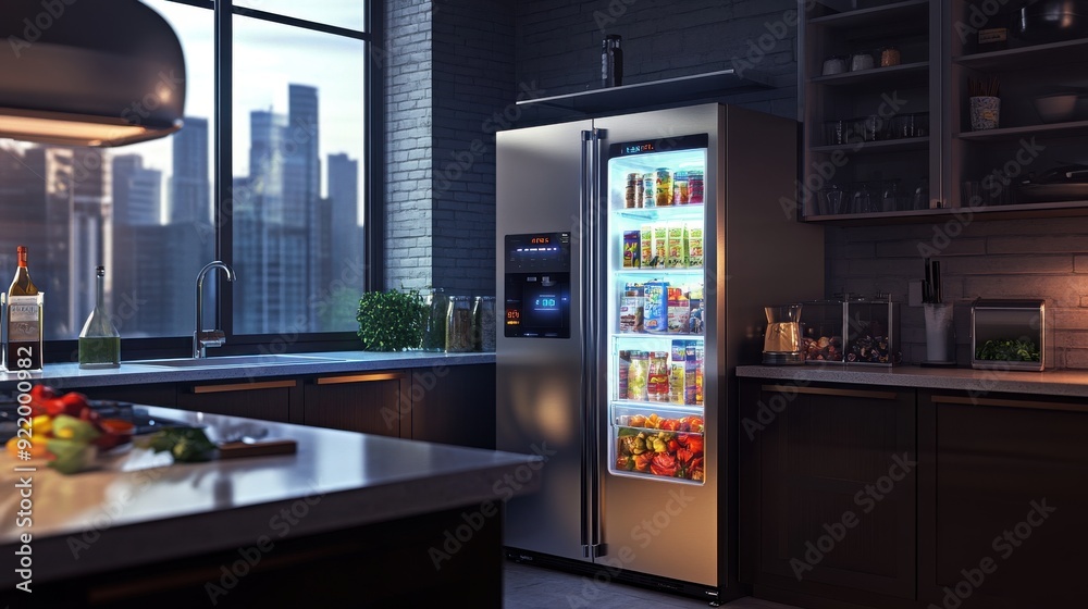 Smart Refrigerator in Modern Kitchen Adjusting Temperature Settings and Notifying Homeowner of Expiring Groceries. Smart Refrigerator in Modern Kitchen Adjusting Temperature Settings and Notifying Homeowner of Expiring Groceries.
