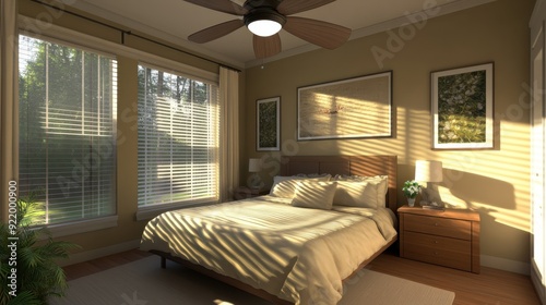 Modern Bedroom with Smart Ceiling Fan, Automated Lighting, and Blinds Adjusting to Room Temperature.