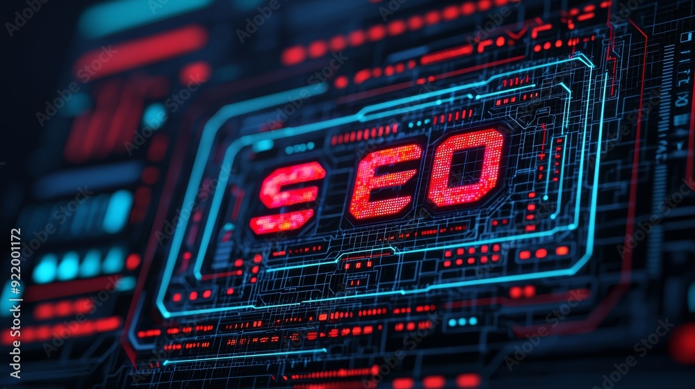 Obraz premium SEO keyword cloud, digital tools, holographic interface, futuristic tech design