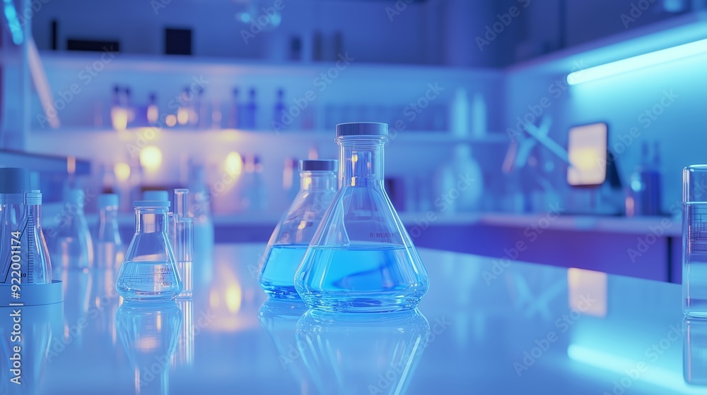 Bright blue liquids in laboratory flasks illuminate a modern lab space with ambient lighting Bright blue liquids in laboratory flasks illuminate a modern lab space with ambient lighting