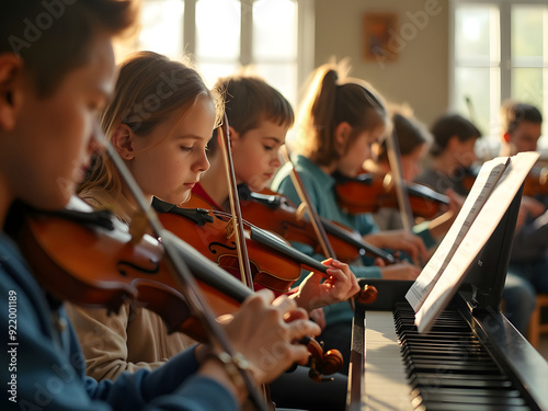 Students playing various instruments in music class with warm lighting