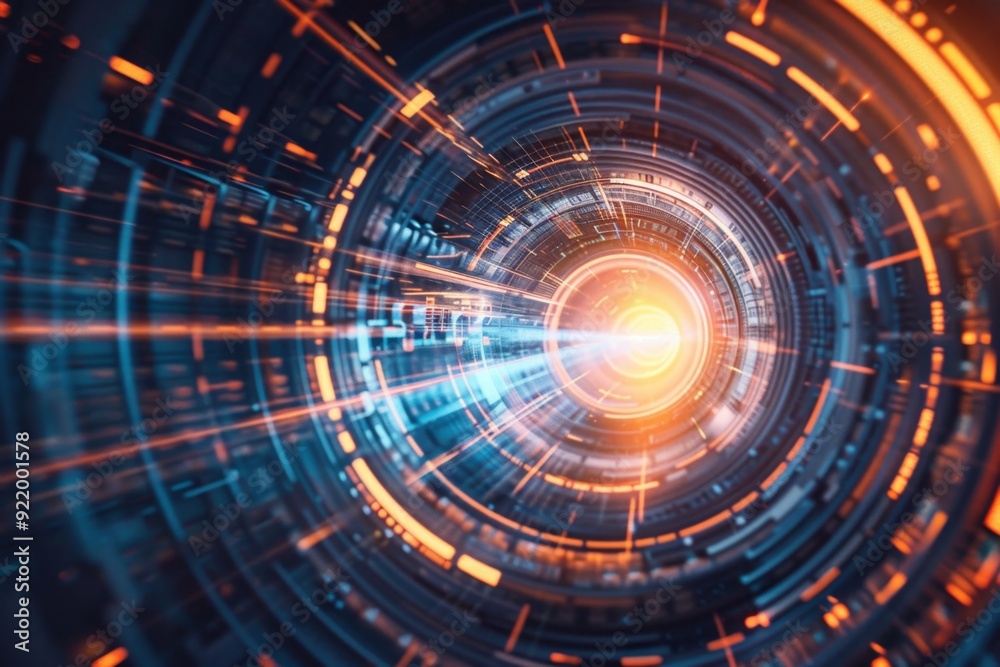 Obraz premium Futuristic Digital Art Depicting Data Flow. Abstract Circular and Technology-inspired Design. Ideal for Tech, Innovation and Virtual Reality Projects. Modern and Dynamic Visual Style. Generative AI