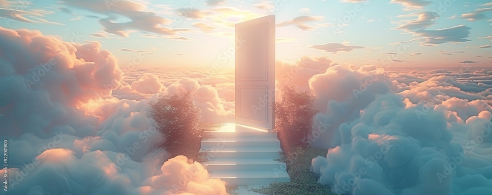 A mystical open door floating in the sky above clouds with stairs leading up A mystical open door floating in the sky above clouds with stairs leading up