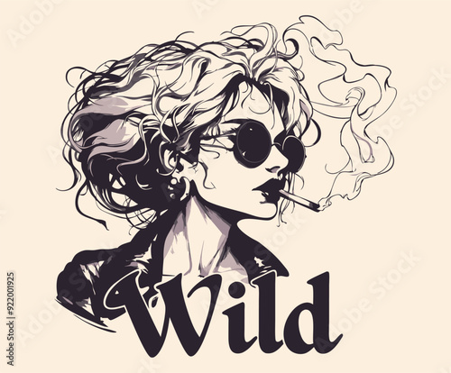 Wild woman smoking vector lettering illustration. Stylish portrait of a female with messy hair and sunglasses, rebellious attitude.