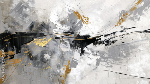 An abstract image with large strokes of black and white colors, complemented by shiny gold flecks. The painting is characterized by a rich texture and the effect of movement.