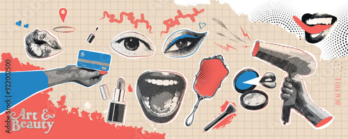 Mouth, lips, heart, hairdryer, head, scream, hand whith halftone stipple effect