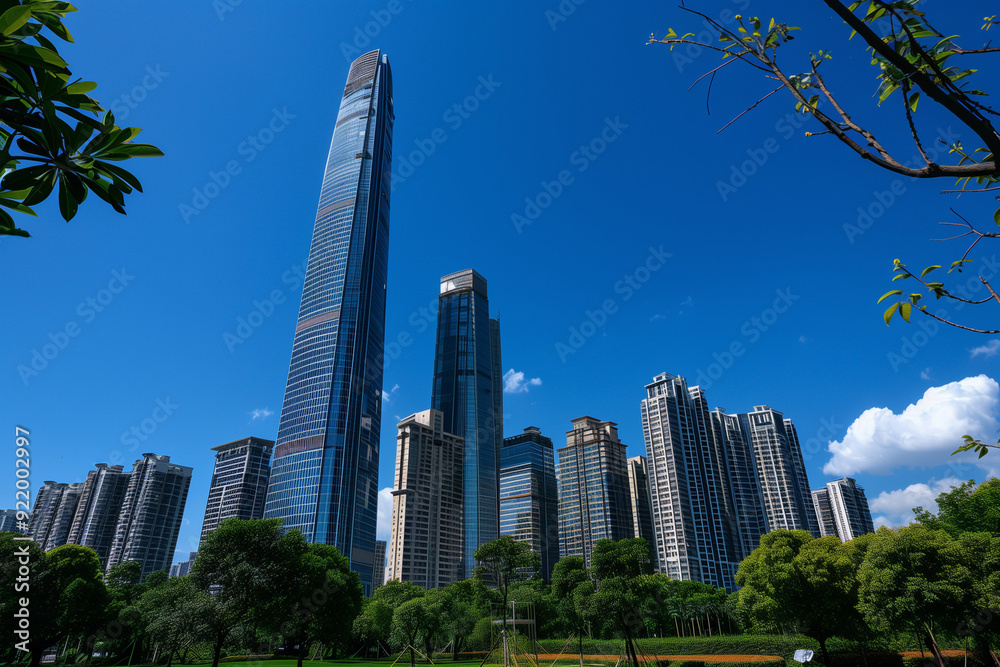 Skyscrapers Viewed from Below with Blue Sky and White Clouds Skyscrapers Viewed from Below with Blue Sky and White Clouds