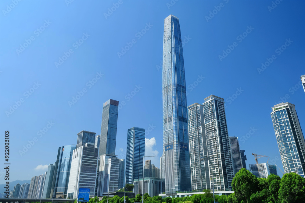 Skyscrapers Viewed from Below with Blue Sky and White Clouds Skyscrapers Viewed from Below with Blue Sky and White Clouds