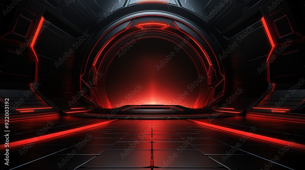Futuristic Red Glowing Portal in Black Room. Futuristic Red Glowing Portal in Black Room.