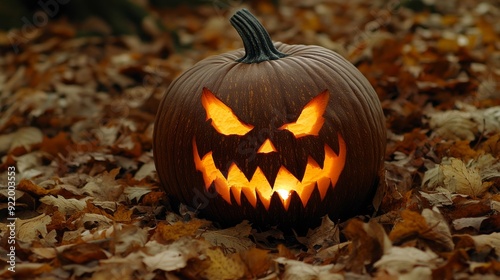 Scary halloween pumpkin glowing in the woods at night