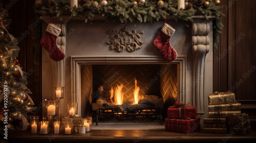 Beautiful christmas decorated fireplace in dark interior. Neural network ai generated art Beautiful christmas decorated fireplace in dark interior. Neural network ai generated art