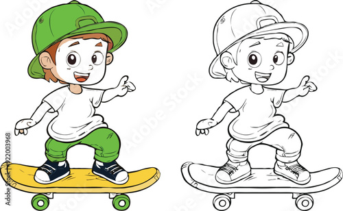 coloring page features a simple drawing of red yellow with baby girl & boy playing skateboarding, Coloring book for kids