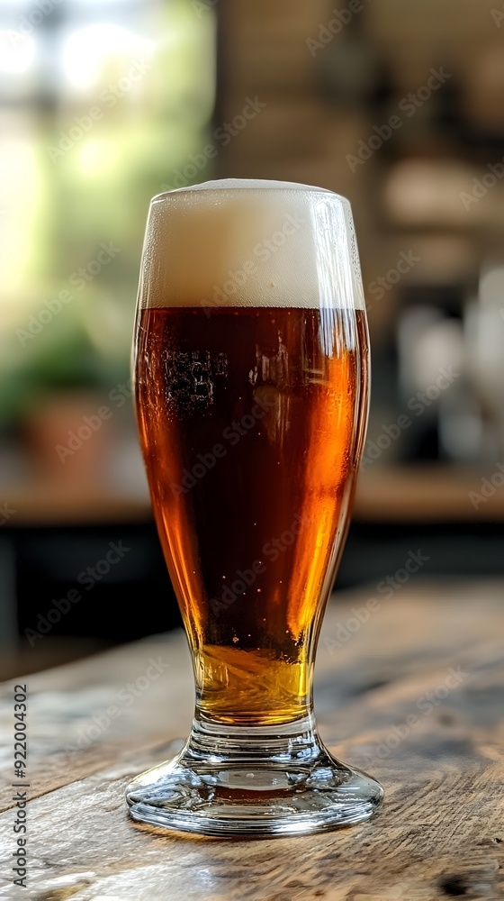 Freshly Poured Amber Beer in a Tall Glass on Rustic Wooden Table