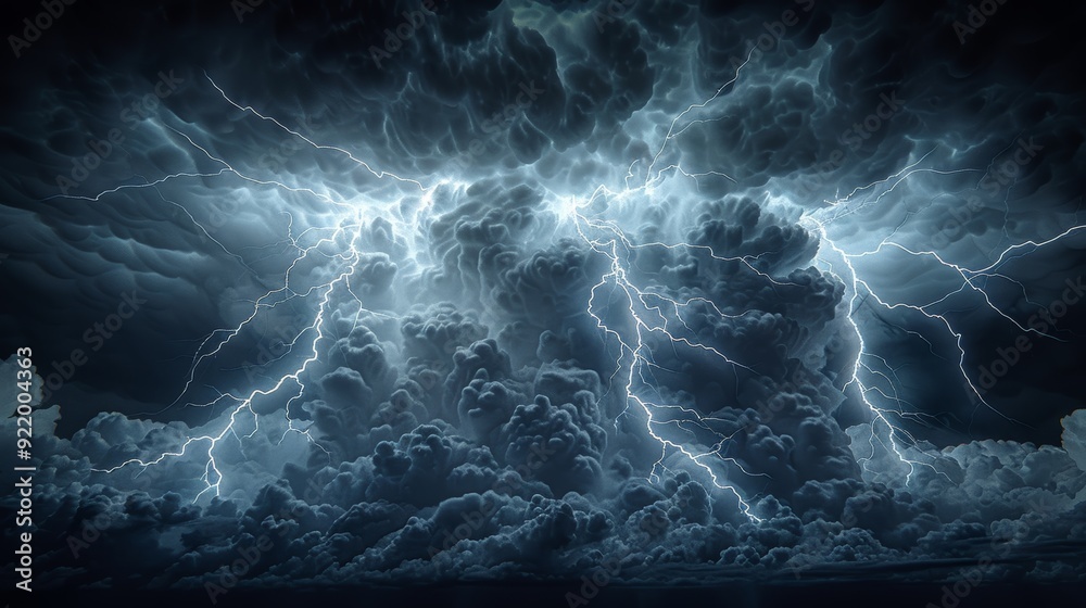 Fototapeta premium Dramatic thunderstorm with lightning illuminating dark clouds over a landscape at night