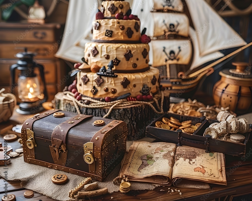 Pirate Adventure Birthday Party with Treasure Maps Pirate Ships and Chest Shaped Cake