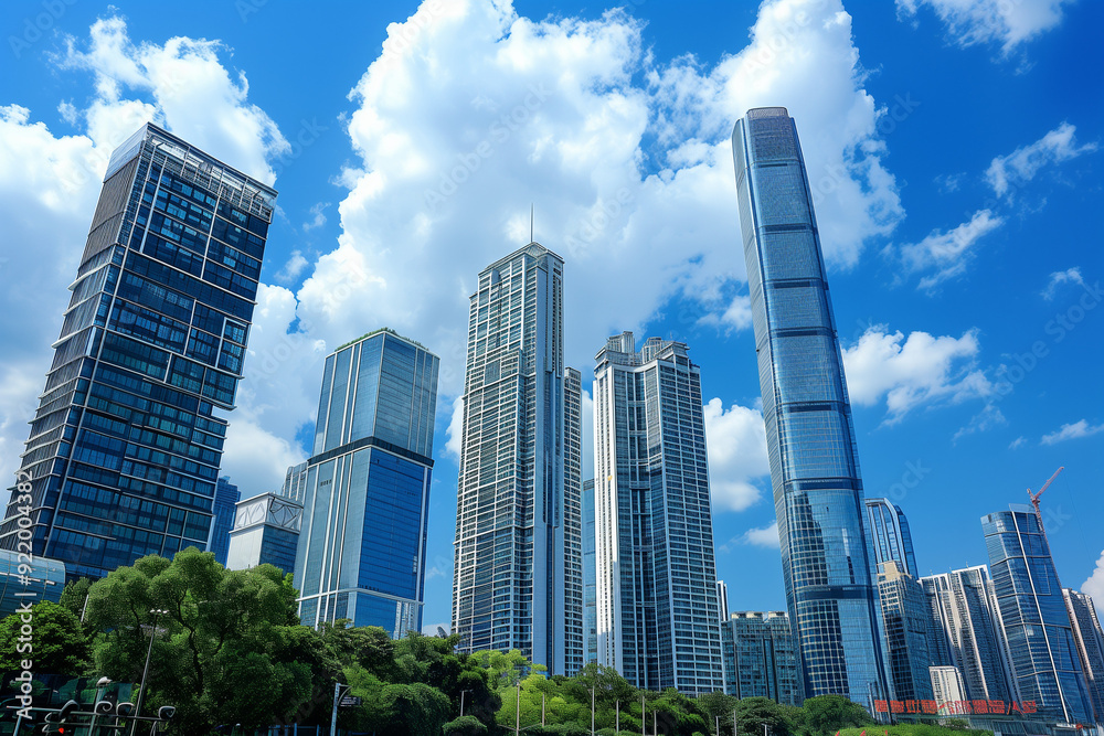 Skyscrapers Viewed from Below with Blue Sky and White Clouds Skyscrapers Viewed from Below with Blue Sky and White Clouds