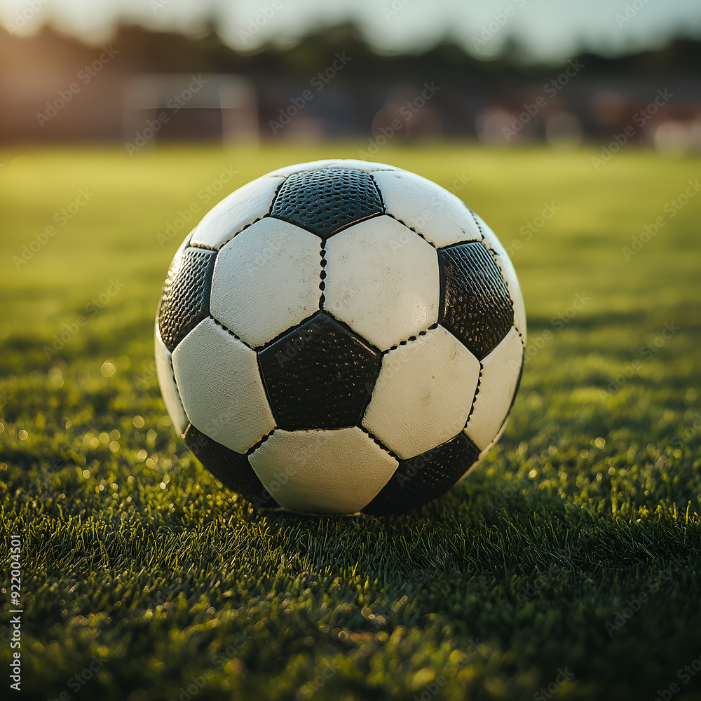 Obraz premium Traditional round ball laying on grass of soccer field