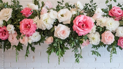 Delicate pink and white flowers cascade from a lush floral design against a white brick wall, creating an enchanting backdrop for events