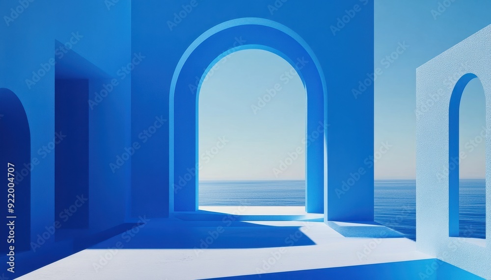 Blue architectural landscape with arches overlooking calm ocean waters at sunset