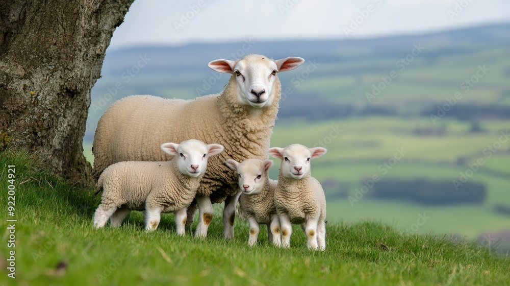 A playful sheep and her adorable lambs frolic in the lush green countryside of England beneath a graceful old tree A playful sheep and her adorable lambs frolic in the lush green countryside of England beneath a graceful old tree