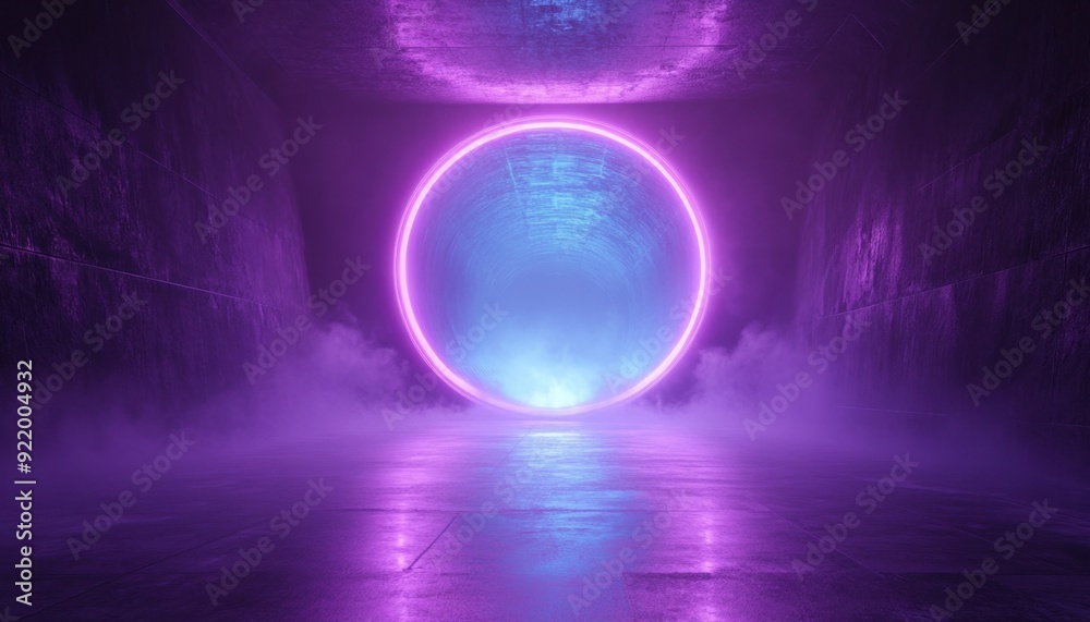 Neon portal in a misty tunnel illuminated by purple and blue lights at night Neon portal in a misty tunnel illuminated by purple and blue lights at night