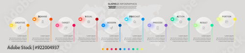 Vector infographics circles. Business concept of ten options. Timeline step by step template with 10 labels for diagram, web, banner, presentations, flowchart, content, levels, chart, graphic