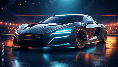 luxury blue car on dark background with dramatic light