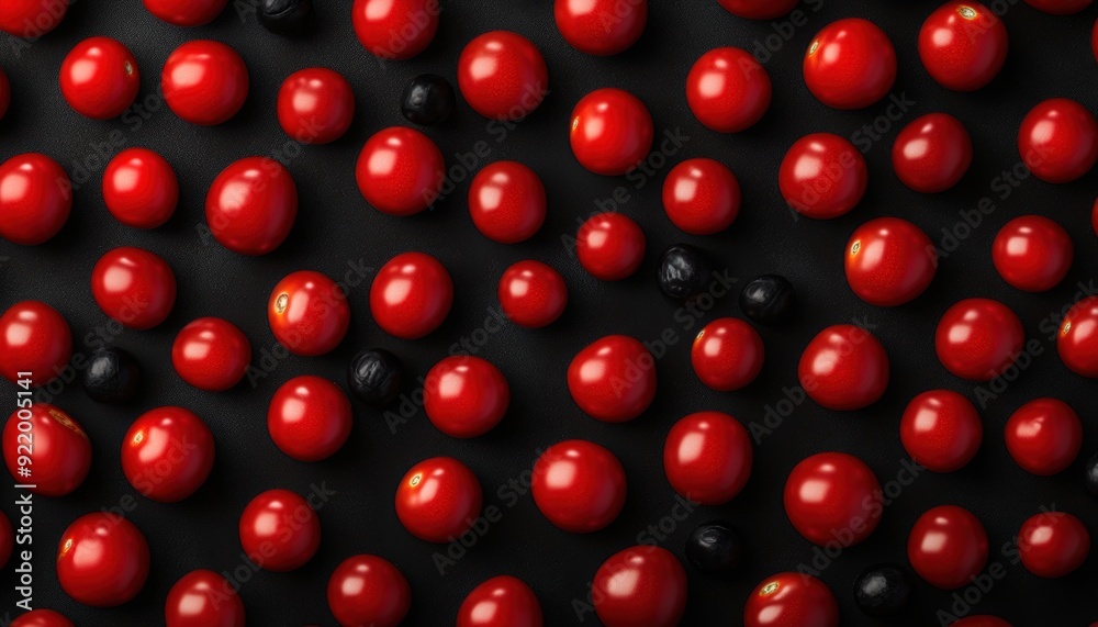 Fresh red and black cherry tomatoes scattered on a dark surface, captured from above Fresh red and black cherry tomatoes scattered on a dark surface, captured from above