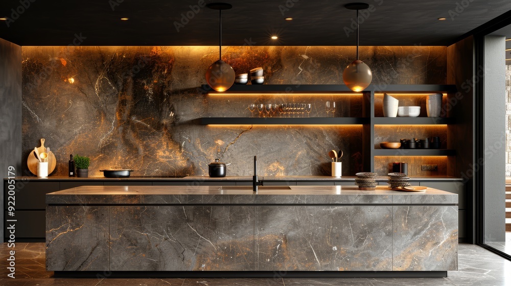 Modern kitchen interior with marble countertops and warm lighting at dusk Modern kitchen interior with marble countertops and warm lighting at dusk
